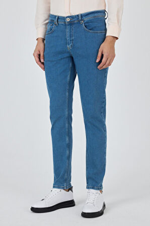 Koyu Mavi Gabardin 5 Cep Düz Paça Casual Slim Fit Pamuklu Denim Pantolon 1023250155