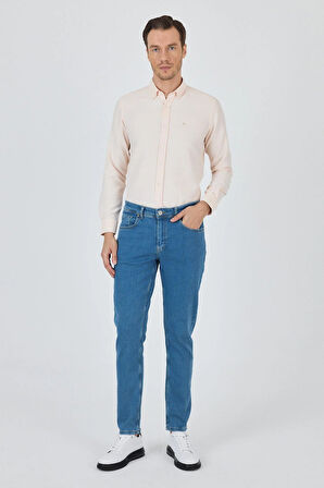 Koyu Mavi Gabardin 5 Cep Düz Paça Casual Slim Fit Pamuklu Denim Pantolon 1023250155