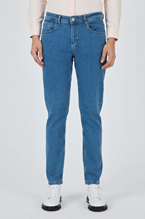 Koyu Mavi Gabardin 5 Cep Düz Paça Casual Slim Fit Pamuklu Denim Pantolon 1023250155