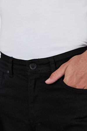 Siyah Gabardin 5 Cep Düz Paça Casual Slim Fit Pamuklu Denim Pantolon