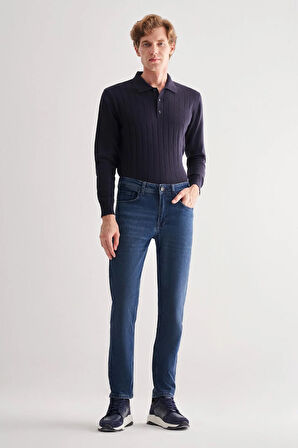 Koyu Lacivert Gabardin 5 Cep Düz Paça Casual Slim Fit Pamuklu Denim Pantolon 1023255151