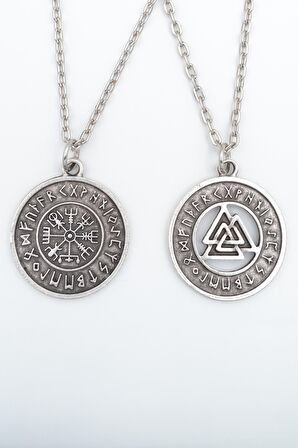 2'li Viking Pusula - Tılsım Erkek Kadın Kolye Seti 925 Ayar Gümüş Kaplama