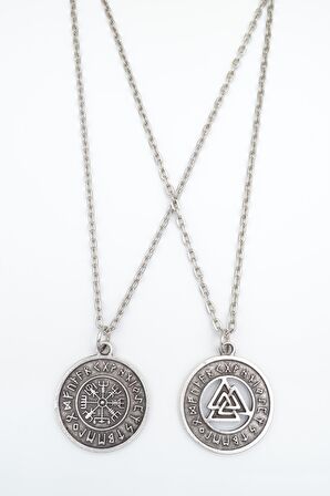 2'li Viking Pusula - Tılsım Erkek Kadın Kolye Seti 925 Ayar Gümüş Kaplama