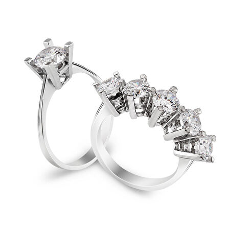 Chavin 2.5 Carat Tektaş Beştaş Gümüş Yüzük Kombini cs83