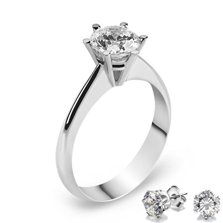 Chavin 1.25 Carat Zirkon Tektaş Gümüş Bayan Yüzük ve Küpe dh11