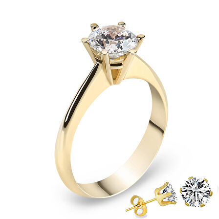 Chavin 1.25 Carat Zirkon Tektaş Gümüş Bayan Yüzük ve Küpe dh11