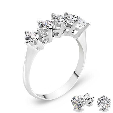 Chavin 1 Carat Beştaş 5 Taş Gümüş Yüzük ve Küpe dh12