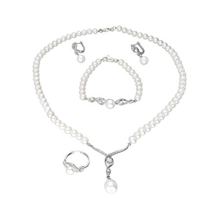 Chavin İnci Gümüş Kolye Küpe Bileklik Yüzük Takım Set ds41