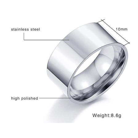 Chavin 10mm. Geniş Parlak Gri Kadın Erkek Çelik Alyans Yüzük dt01