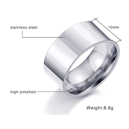 Chavin 10mm. Geniş Parlak Gri Kadın Erkek Çelik Alyans Yüzük dt01