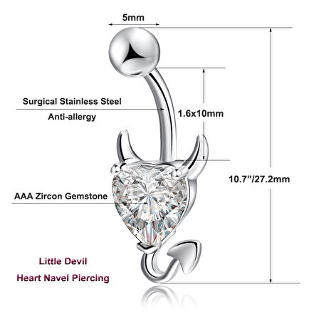Chavin Beyaz Kalp Taşlı Şeytan Çelik Göbek Piercing dt70by