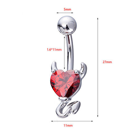 Chavin Kırmızı Kalp Taşlı Şeytan Çelik Göbek Piercing dt70kr