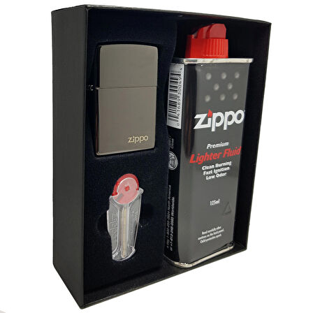 Zippo Çakmak Parlak Siyah Hediyelik Kutu Benzin Taş Set du10-2475