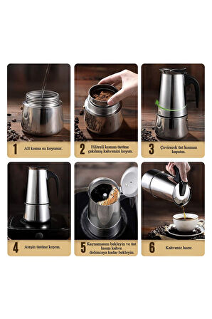 Paslanmaz Çelik Ocak Üstü 4 Cup Fincan Moka Pot Espresso cin285-4