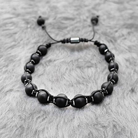 Chavin Hematit Mat Onyx Makrome Erkek Bileklik eg41