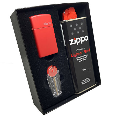 Zippo Çakmak Kırmızı Slim Hediyelik Benzin Taş Set du10-1633zl