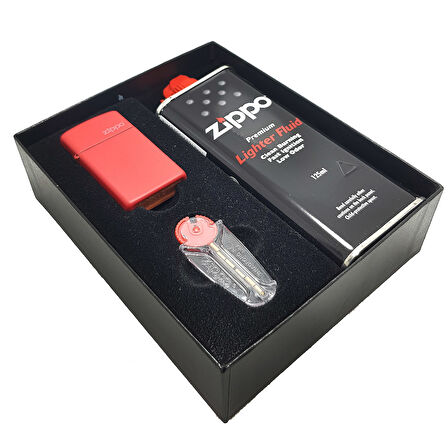 Zippo Çakmak Kırmızı Slim Hediyelik Benzin Taş Set du10-1633zl