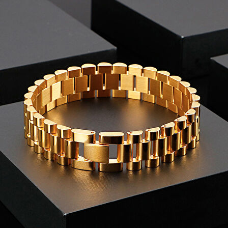 Chavin 15 mm. Gold 316 L Çelik Parlak ve Mat Erkek Bileklik eh89sr