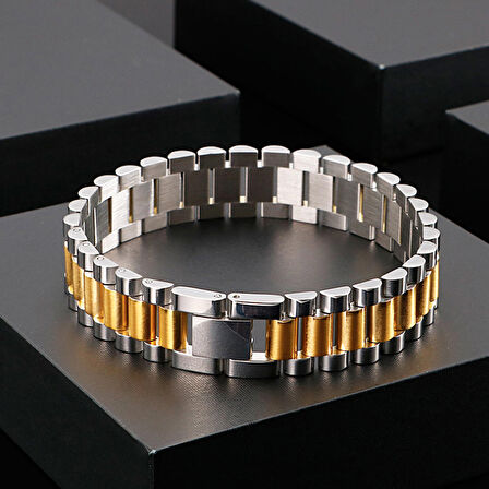 Chavin 15 mm. Gri Gold 316 L Çelik Parlak ve Mat Erkek Bileklik eh89bysr