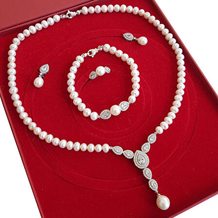 Chavin inci Gümüş Kolye Küpe Bileklik Yüzük Takım Set ei71by