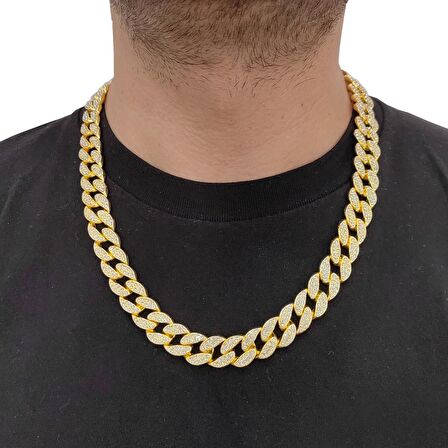 Chavin 13 mm. Kalın 60 cm. Taşlı Gold  Alloy Erkek Zincir ek21sr