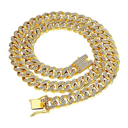 Chavin 13 mm. Kalın 45 cm. Taşlı Gold  Alloy Bayan Zincir ek55sr