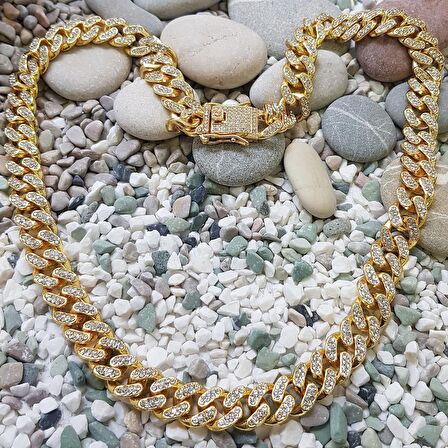 Chavin 13 mm. Kalın 45 cm. Taşlı Gold  Alloy Bayan Zincir ek55sr