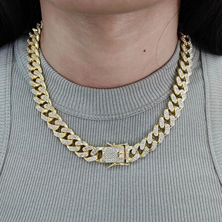 Chavin 13 mm. Kalın 45 cm. Taşlı Gold  Alloy Bayan Zincir ek55sr