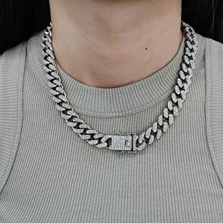 Chavin 13 mm. Kalın 45 cm. Taşlı Gri  Alloy Bayan Zincir ek55by