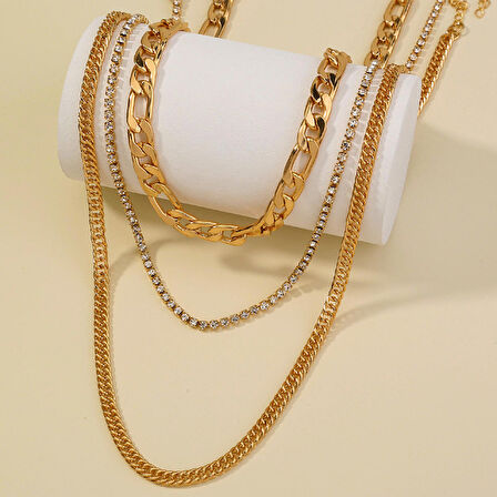 Chavin 3 Katmanlı Taşlı Gold  Alloy Bayan Zincir Kolye en19