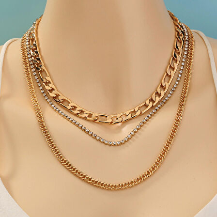 Chavin 3 Katmanlı Taşlı Gold  Alloy Bayan Zincir Kolye en19