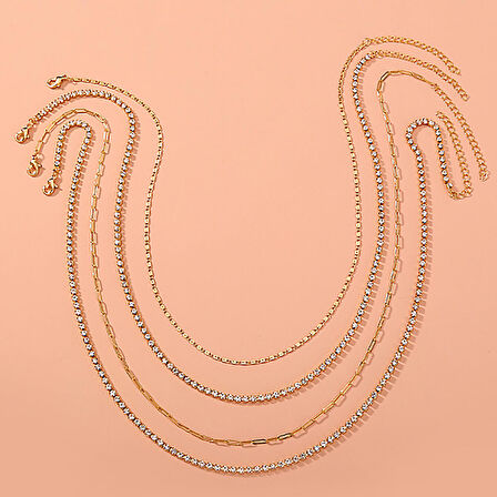 Chavin 2 Katmanlı Taşlı Gold  Alloy Bayan Zincir Kolye en24