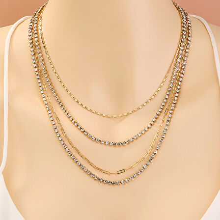 Chavin 2 Katmanlı Taşlı Gold  Alloy Bayan Zincir Kolye en24