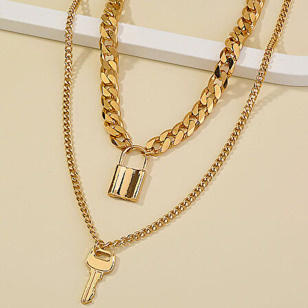Chavin 2 Katmanlı Taşlı Gold  Alloy Bayan Zincir Kolye en26