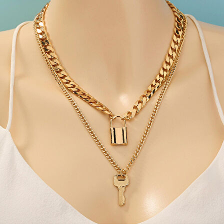 Chavin 2 Katmanlı Taşlı Gold  Alloy Bayan Zincir Kolye en26
