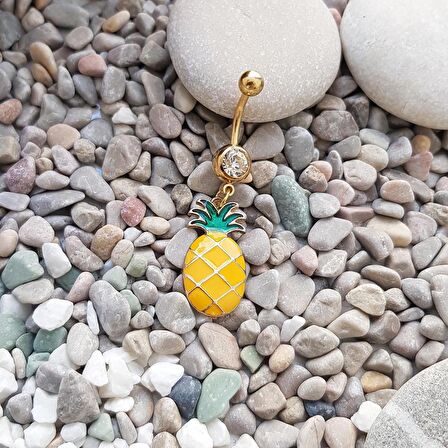 Chavin Taşlı Gold Ananas Çelik Göbek Piercing en46