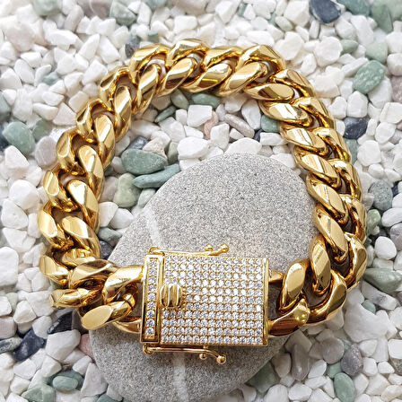 Chavin 12 mm. Kalın Gold Çelik Erkek Bileklik ep20sr