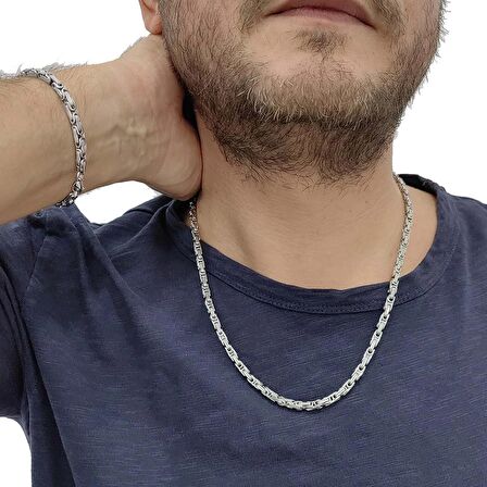 Chavin 4 mm. Kral Gri Çelik Erkek Bileklik Zincir Takım et12