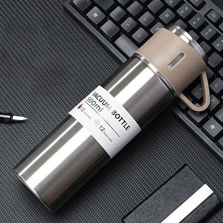 304 L Çelik Bej 500 ml Bardaklı Kahve Termos Mug cin408bj