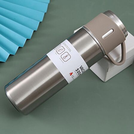 304 L Çelik Bej 500 ml Bardaklı Kahve Termos Mug cin408bj