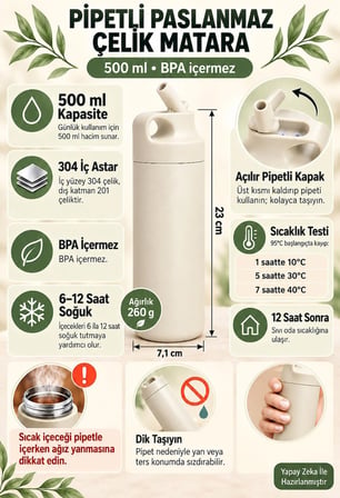 304 L Çelik Krem 500 ml Pipetli Matara Sıcak Soğuk Suluk cin414by