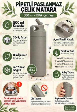304 L Çelik Gri 500 ml Pipetli Matara Suluk cin414gr