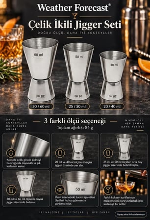 Çelik 20/40 , 25/50 , 30/60 ml Kokteyl Bardak 3 lü Jigger cin438