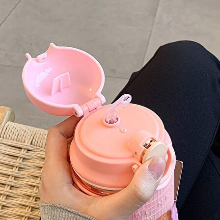 304 L Çelik Pembe 480 ml Askılı ve Pipetli Matara Suluk cin471pm