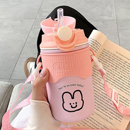 304 L Çelik Pembe 480 ml Askılı ve Pipetli Matara Suluk cin471pm