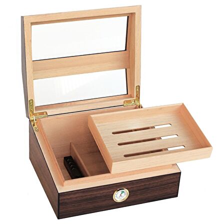 İspanyol Sediri 2 Kat Camlı Açık Kahverengi Humidor Puro Kutusu ra93akhv