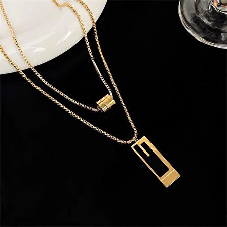 Chavin Çelik Gold 2 kolyeli 2 Zincirli Bayan Kolye eu46sr