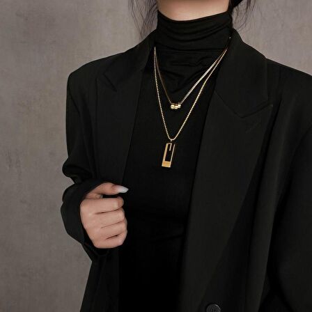Chavin Çelik Gold 2 kolyeli 2 Zincirli Bayan Kolye eu46sr