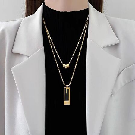 Chavin Çelik Gold 2 kolyeli 2 Zincirli Bayan Kolye eu46sr