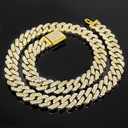 Chavin 12 mm. Gold Kalın 60 cm. Taşlı Alloy Erkek Zincir eu77sr